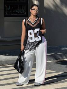 Muchica Quần ống rộng dáng suông thoải mái, cạp chun co giãn, kẻ sọc bên hông dành cho nữ cỡ lớn - trắng - Xem 3