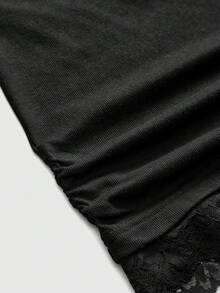 ROMWE 浪漫蕾丝拼接露肩宽松长袖女式T恤 - 黑色 - 查看 4