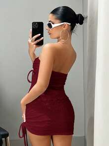 SHEIN x Marika Sila SHEIN ICON Drawstring Front Tube Top & Bodycon Skirt Two Pieces - Red Violet - View 2