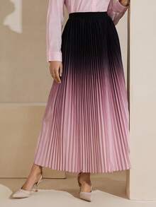 Graceveil Elegant Black To Pink Ombre Pleated Elastic Waist Women Skirt - Black - View 3