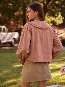 WESTFADE Cotton Blend Chambray Ruffle Collar Long Sleeve Button Up Shirt Cute Fall Tops, Country Concert, Autumn, Winter, Boho, Casual, Cute - Pink - View 2