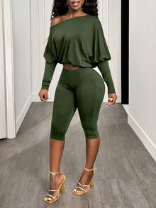 BamGleam Sexy Asymmetric-Shoulder Cinched Waist Long Sleeve Crop Top And Pants Set - Olive Green - View 4