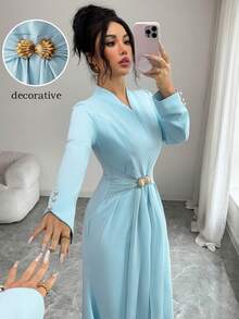 Modelyn French Design V-Neck Floral Ruched Waist Dress For Women - Blue - View 1
