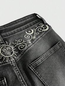 ROMWE Hippie Quần jeans ống loe cạp thấp thêu họa tiết gợi cảm dành cho nữ - Màu Xám nhạt - Xem 4