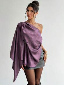 Firerie Stylish Purple Textured One Shoulder Top For Women Casual Ruched Asymmetrical Long Fitted Blouse - Purple - View 4