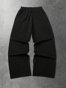 ROMWE MEN Goth Pantalones de chándal casuales con cordón en la cintura, estampado de calavera y retrato de color contrastante para hombres - Negro - Ver 2