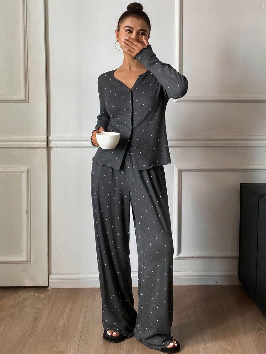 DAZY 2pcs Women Polka Dot Print Fitted Cardigan Long Sleeve And Pants Pajama Set - Dark Grey - View 1
