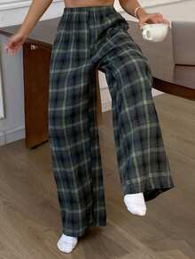 Livesso Loose Straight Elastic Waist Women's Plaid Pajama Pants, Loungewear - Green - View 5