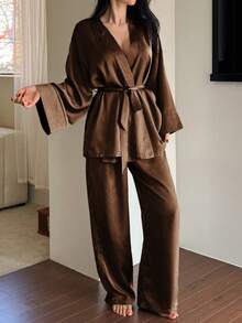 DAZY 2pcs Minimalist Satin Robe & Pants Sleepwear Set, Spring - Brown - View 3