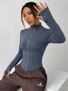 SHEIN EZwear 杏色针织修身女士长袖防晒外套，秋冬季款 - 灰色 - 查看 4