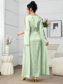 Yasmyna Đầm maxi kiểu Ả Rập màu vàng, cổ chữ V, tay áo loe, đính hoa phía trước, thích hợp cho mùa xuân/hè. - màu xanh lá - Xem 2