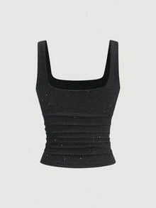 Sweetra Petite Débardeur à col carré avec décoration de sequins argentés brillants, coupe slim et style décontracté. Élégant pour les femmes de petite taille, idéal pour le printemps et l'été - Noir - Voir 2