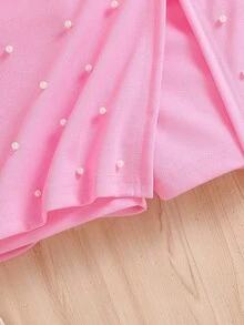 Elladie kids 两件套：女童时尚白色碎花串珠圆领背心和弹力腰带玫红色修身短裤，适合生日、度假、派对、夏季穿着 - 粉色 - 查看 7