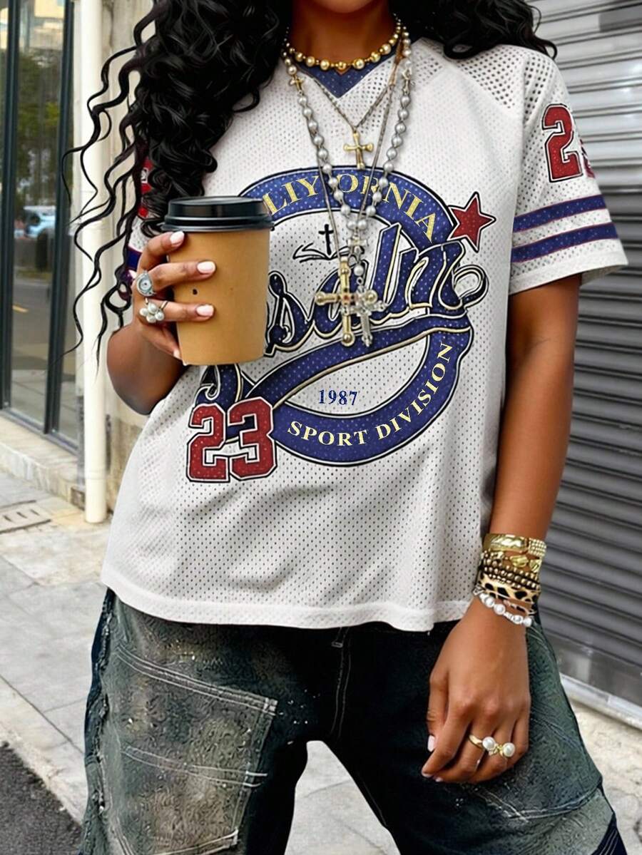 Rovax Camiseta de mujer de manga corta transparente con cuello en V y estampado de letras y gráficos - Blanco - Ver 1