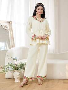 Teen GirlElegant Floral V-Neck Blouse And Pants Holiday Outfit Set - Apricot - View 6