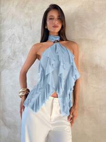 Aloruh Women's Elegant Multi-Layer Ruffle Trim Stand Collar Fitted Tank Top - Baby Blue - View 7