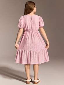 SHEIN Sparklyn Tween Girls' Summer Casual Hollow Out Embroidery Puff Sleeve Dress - Baby Pink - View 2