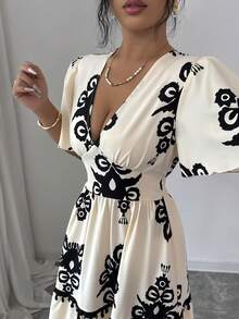 SHEIN Elenzya Đầm nữ dáng tiêu chuẩn, hở lưng, in họa tiết, kiểu dáng thanh lịch, thích hợp cho kỳ nghỉ. - Màu be - Xem 8