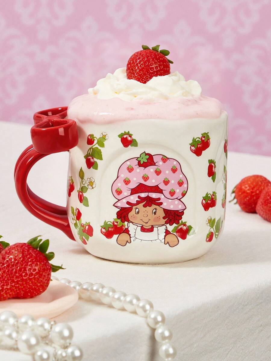 Strawberry Shortcake X SHEIN 1 Cốc sứ in hình hoạt hình 500ml, tay cầm trang trí hình nơ, chịu nhiệt và lạnh, có thể dùng trong lò vi sóng và máy rửa chén, thích hợp đựng nước, sữa, nước ép, cà phê, dâu tây, phong cách đồng quê, ý tưởng quà tặng. - Nhiều màu - Xem 1