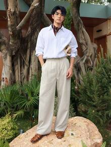 DAZY 男士抽绳腰带口袋休闲百搭通勤阔腿裤 - 杏色 - 查看 5