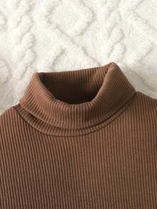 SHEIN Conjunto de 2 piezas casual vintage para adolescentes: Blusa de cuello alto de punto marrón de manga larga acanalada, falda/pantalón corto a cuadros con bajo irregular - Marrón - Ver 6