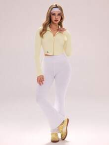 Sovereign Charm 休闲百搭浅黄色立领拉链短款字母提花拇指孔修身运动夹克 - 淡黃色 - 查看 6