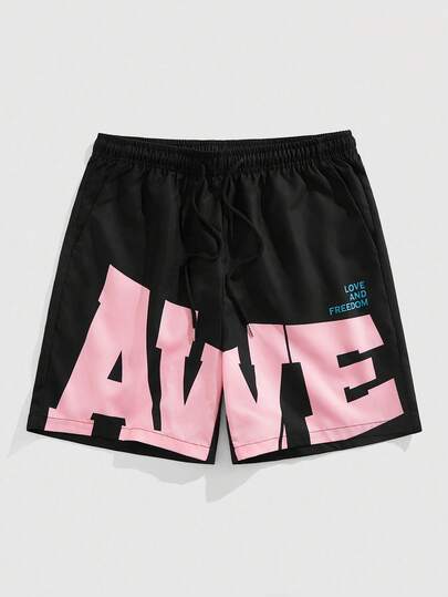 ROMWE MEN Street Life Short homme décontracté à imprimé lettres, taille élastiquée avec cordon de serrage, style urbain à la mode pour les trajets quotidiens, été
