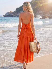 Sylviya 女性夏季休閒長肩帶蝴蝶結連身裙 - 橘色 - 查看 1