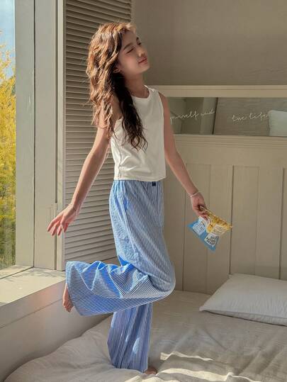 DAZY Tween Girl Solid Color Round Neck Camisole And Striped Print Pants Pajama Set