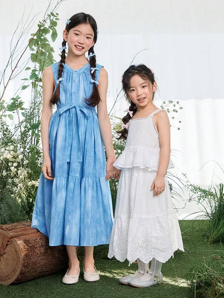 Tween Girl Ruffle Hem Round Neck Front Button Sleeveless Dress Summer