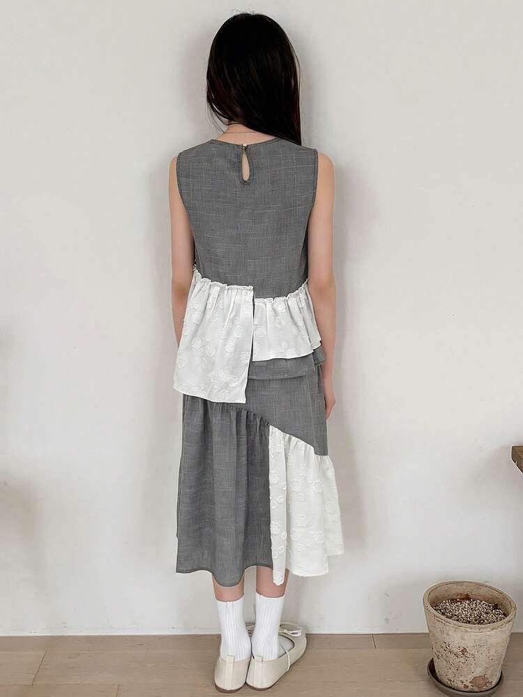 Tween Girl Crew Neck Color Block Irregular Hem Sleeveless Shirt Top And Mini Skirt Casual Outfit, Back To School Season