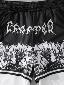 ROMWE MEN Goth Men's Printed Basketball Shorts With 2 In 1 Design, Suitable For Daily Wear In Spring/Summer - Black - View 2