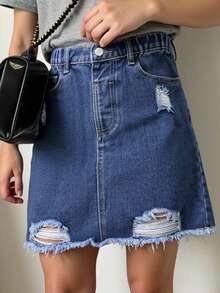 SHEIN ChillGRL Denimly 女孩时尚舒适百搭日常户外休闲牛仔裙，松紧腰，拉链闭合，破洞裙摆，毛边，水洗牛仔裙 - 中等水洗藍 - 查看 3