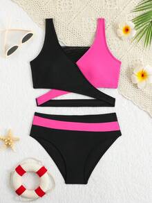 SHEIN 2件套少女撞色吊带背心，弹力速干舒适针织面料，适合沙滩、泳池、海边、冲浪、度假、夏季、旅行等场合，14岁女孩黑色两件式泳衣，长款上衣，青少年撞色泳衣，连体运动泳装（含泳裤）。 - 黑色 - 查看 4