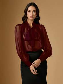 Women's Elegant Sexy Sheer Mesh Tie Neck Blouse - Red - View 8