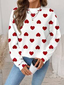 SHEIN LUNE Casual Retro Elegant Commuting Versatile Couple Matching Red & White Small Heart Print Pattern, Comfortable Warm Crew Neck Loose Fit Plus Size Women Sweatshirt, Suitable For Autumn/Winter - Multicolor - View 6