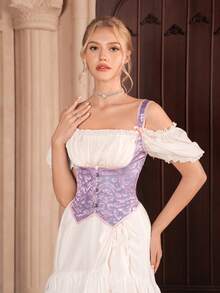 1pc Women Embroidered Lace-Up Bustier Top - Purple - View 4
