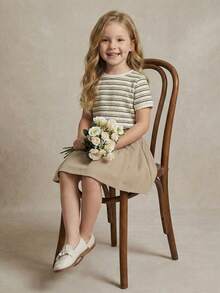 PrepCrw 2pcs Young Girls Elegant Urban Preppy Versatile Round Neck Black White Striped Short Sleeve Fitted T-Shirt And Khaki Cargo Mini Skirt Set, Suitable For Casual, Outings, Gatherings, Festivals, Spring, Summer, Autumn Khaki Skirt For Kids Girls Neutral Dress Skirt Two Piece Set Kids Khaki Dresses For Girls Little Girls Beige Dress - Multicolor - View 9