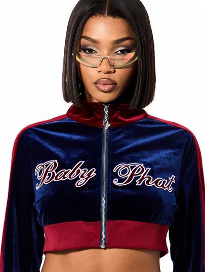 BABYPHAT Velour Cropped Full Zip Sweatshirt With Embroidered Script And Color Block Design Baddie Clothes Varsity Jacket Women Track Suits For Women Cropped Zip Up Hoodie