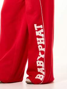 BABYPHAT Logo Wide Leg High Rise Elastic Waist Varsity Sweatpants With White Contrast Piping And Side Text - Red - View 7