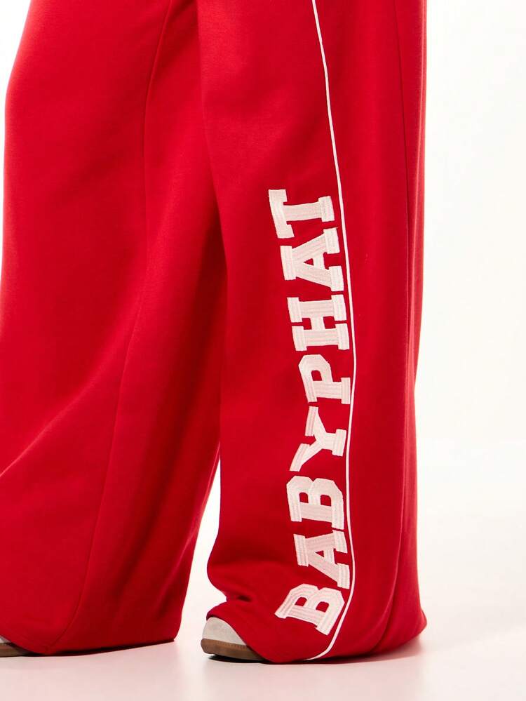 BABYPHAT Logo Wide Leg High Rise Elastic Waist Varsity Sweatpants With White Contrast Piping And Side Text