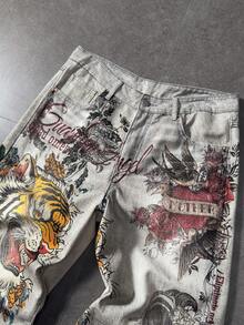 ROMWE MEN Anime Men's Tiger Print Pocket Wide Leg Loose Casual Jeans - Apricot - View 5