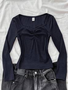 Tween Girls Lace Trim Elastic Fitted Ribbed Long Sleeve T-Shirt