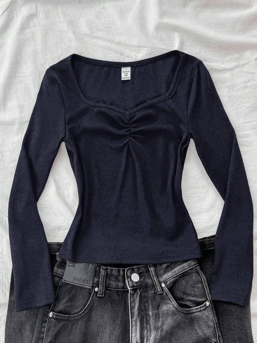 Tween Girls Lace Trim Elastic Fitted Ribbed Long Sleeve T-Shirt