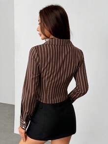 SHEIN PETITE Women's Summer New Style Office Commuting Daily Pointed Hem Chest Gathered Stand-Up Collar Single-Breasted Open Placket Tight Long-Sleeved White Shirt - Brown - View 2