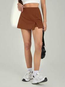 SHEIN Tall Váy quần nữ màu trơn cạp cao xẻ tà bên hông kiểu dáng thường ngày - màu nâu - Xem 3