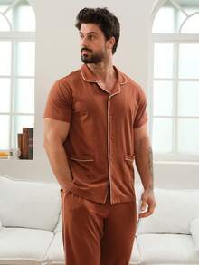 DAZY Herrset med bruna kontrastrandiga loungewear-plagg, vår/sommar - Brun - Visa 6