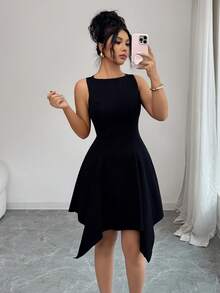 Elenzga 女士休闲牛仔连衣裙，圆领，无袖，不对称下摆 - 黑色 - 查看 3