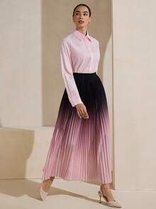 Graceveil Elegant Black To Pink Ombre Pleated Elastic Waist Women Skirt - Black - View 7