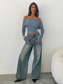 Aloruh Women's Off-Shoulder Long Sleeve Pleated Fashionable Blouse - Blue - View 3